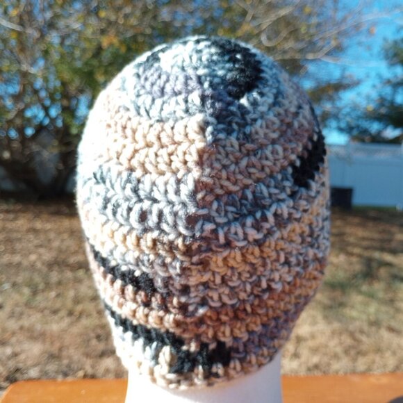 Men's Skully Beanie Hat Handmade Naturals Striped Crochet Hiking Outdoors L - Picture 5 of 9